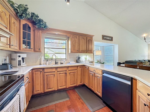 kitchen with glass insert cabinets, dark wood-type flooring, stainless steel appliances, light countertops, and a sink