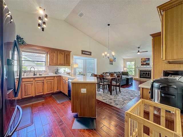 kitchen featuring appliances with stainless steel finishes, dark wood-type flooring, open floor plan, a tile fireplace, and a peninsula