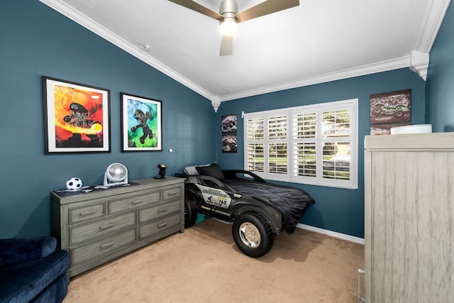 bedroom featuring light carpet, baseboards, ornamental molding, and lofted ceiling