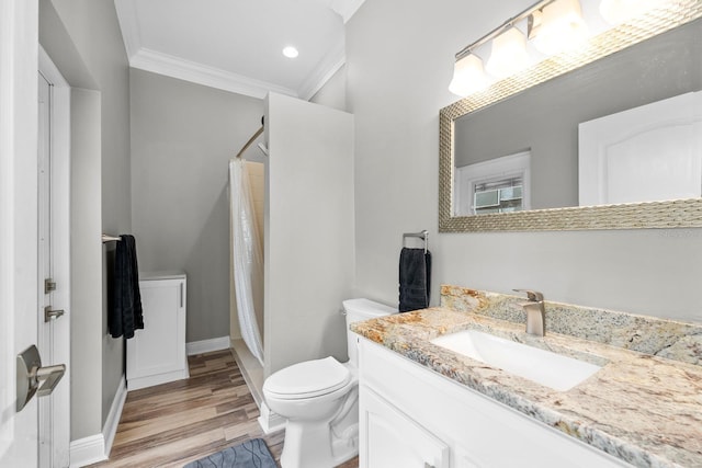 full bath with a shower with shower curtain, toilet, ornamental molding, wood finished floors, and vanity