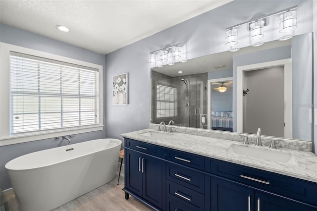 bathroom with double vanity, a shower stall, a sink, and wood finished floors