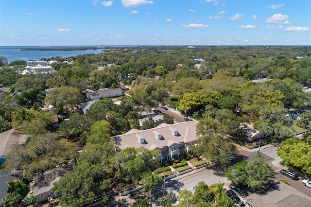 bird's eye view with a water view and a wooded view