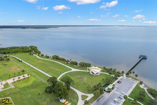 bird's eye view with a water view