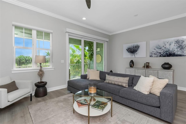 living area with crown molding, baseboards, wood finished floors, and recessed lighting