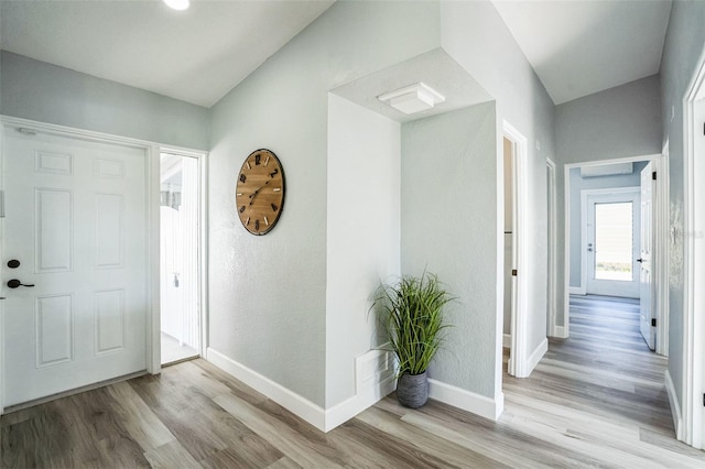 foyer entrance with baseboards and wood finished floors