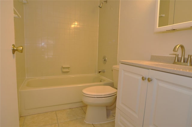 full bath featuring shower / bath combination, vanity, toilet, and tile patterned floors