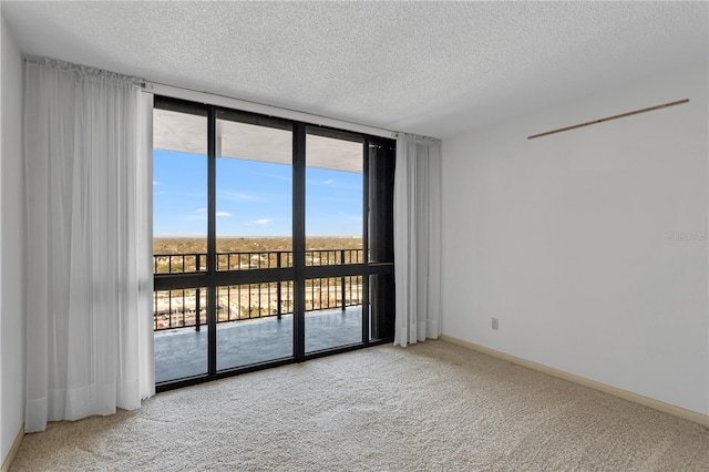 carpeted empty room with floor to ceiling windows, baseboards, and a textured ceiling