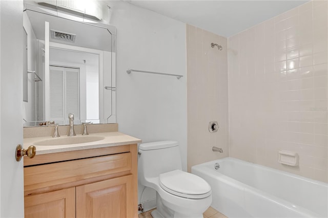 full bathroom with vanity, toilet, visible vents, and shower / washtub combination