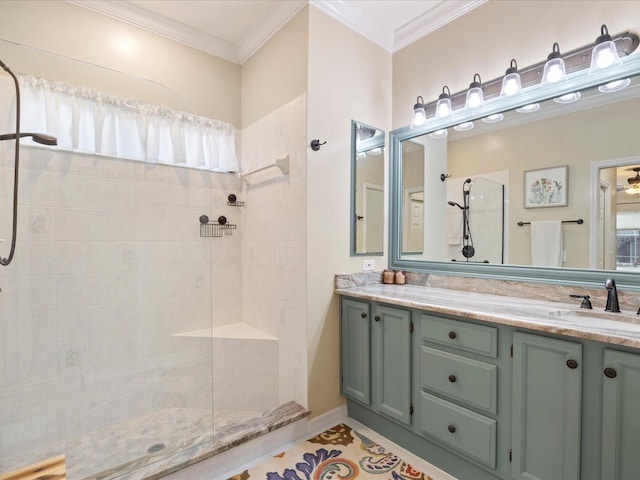 full bath with tile patterned floors, walk in shower, crown molding, and vanity