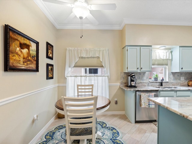 kitchen with ornamental molding, dishwasher, light wood-style flooring, and decorative backsplash