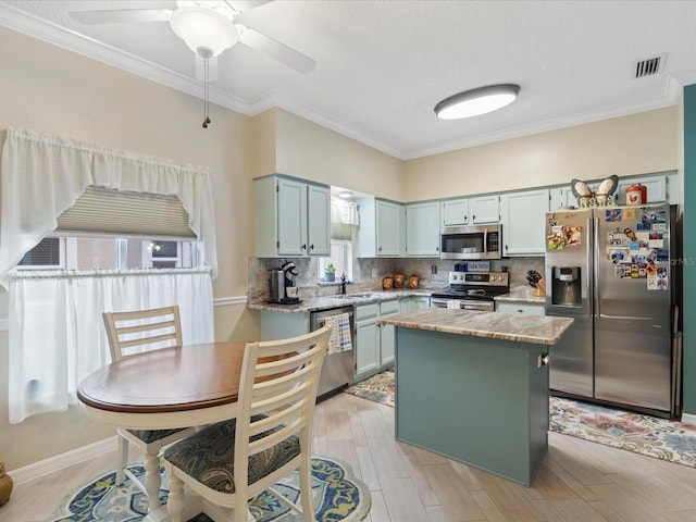 kitchen with stainless steel appliances, a kitchen island, a sink, visible vents, and decorative backsplash