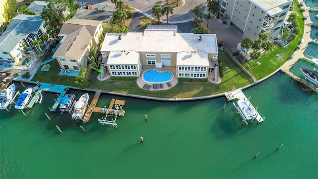 bird's eye view with a water view