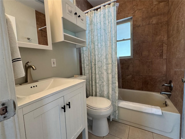 full bath with toilet, tile patterned flooring, shower / tub combo with curtain, and vanity