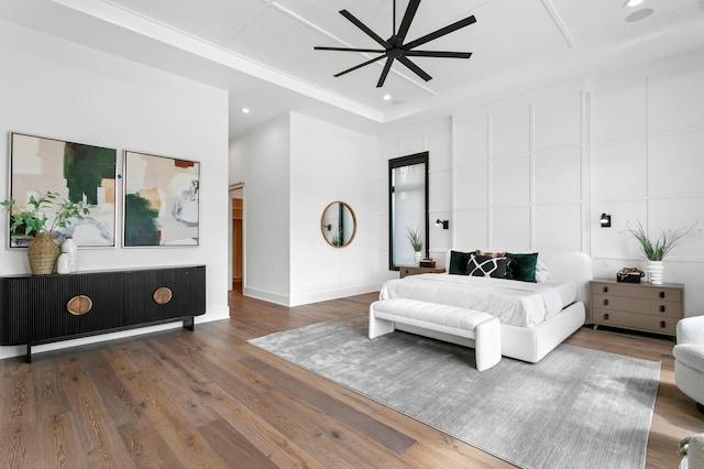 bedroom featuring recessed lighting, ceiling fan, baseboards, and wood finished floors