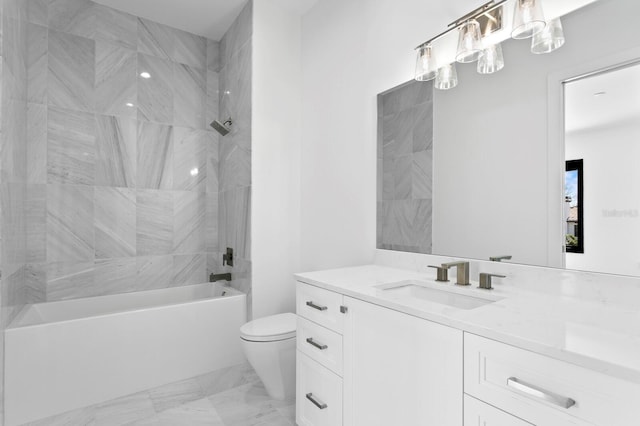 bathroom with marble finish floor, vanity, toilet, and shower / bathtub combination