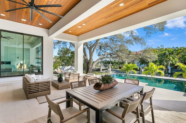 view of patio featuring a ceiling fan, outdoor dining area, outdoor lounge area, and an outdoor pool