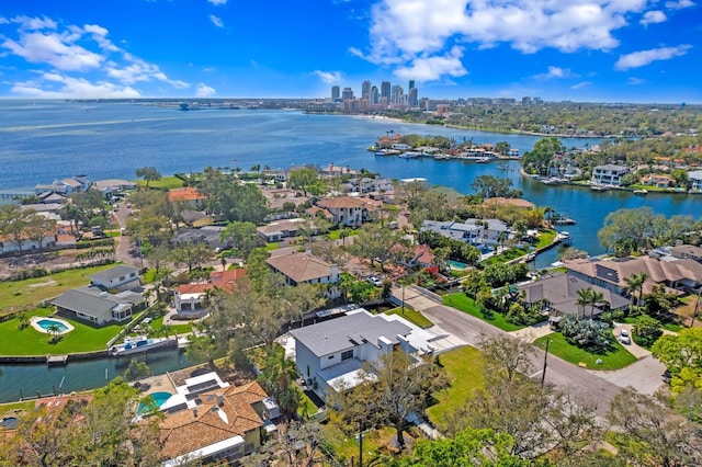 birds eye view of property with a water view and a residential view