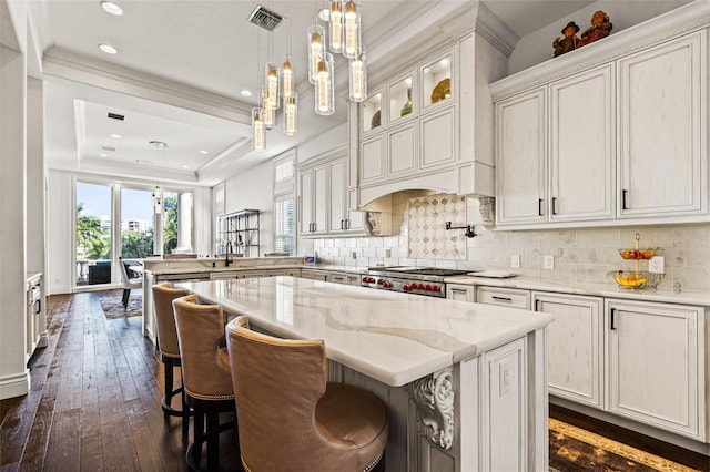 kitchen featuring a peninsula, a sink, backsplash, range, and a raised ceiling