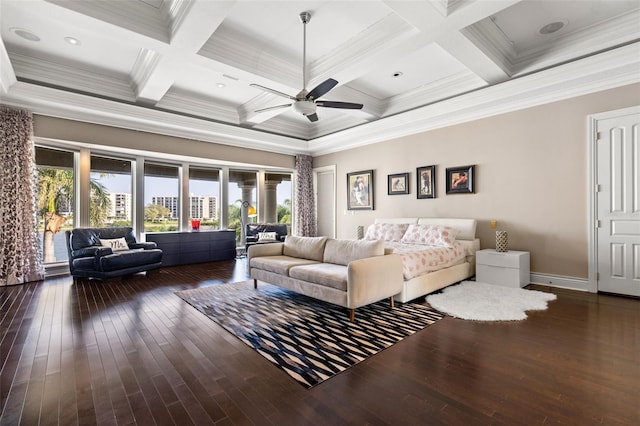 bedroom featuring hardwood / wood-style floors, coffered ceiling, beam ceiling, and access to exterior