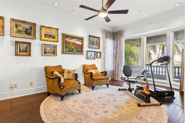 living area with ornamental molding, recessed lighting, baseboards, and hardwood / wood-style flooring