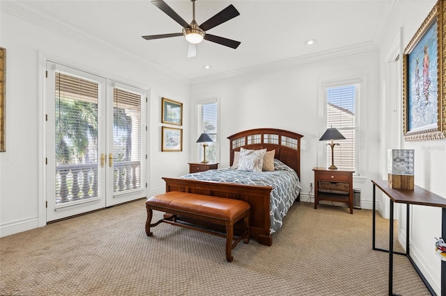 bedroom with ornamental molding, access to outside, light colored carpet, and baseboards