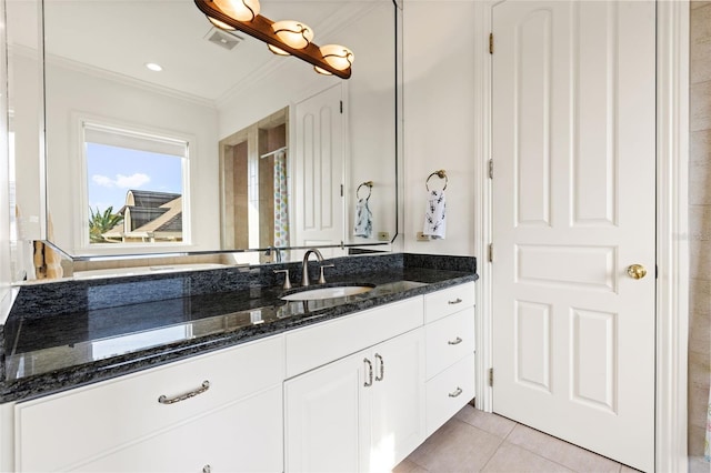 full bath with tile patterned flooring, recessed lighting, visible vents, vanity, and crown molding