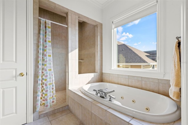 full bath with a whirlpool tub, a shower stall, crown molding, and tile patterned flooring