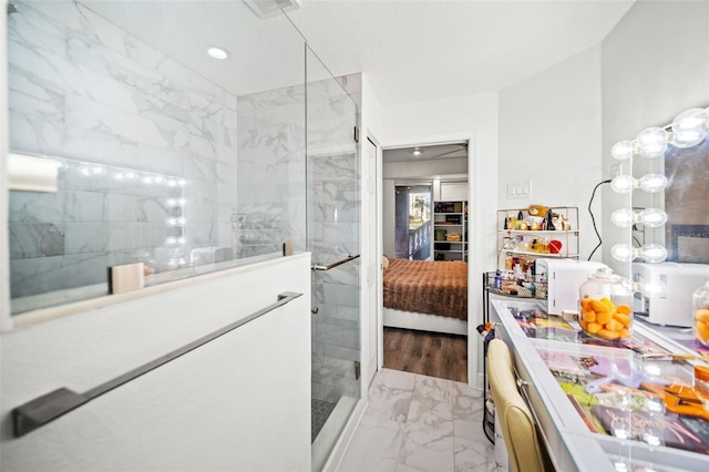 full bath featuring recessed lighting, visible vents, marble finish floor, a shower stall, and ensuite bath