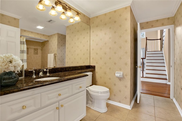 bathroom featuring visible vents, toilet, tile patterned flooring, baseboards, and wallpapered walls