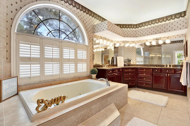 full bathroom with wallpapered walls, tile patterned flooring, and a bath