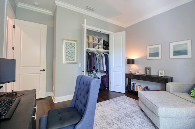 interior space with dark wood-style floors, visible vents, crown molding, and baseboards