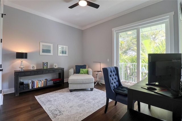 home office featuring a ceiling fan, baseboards, dark wood finished floors, and crown molding