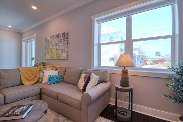 living area featuring recessed lighting, crown molding, baseboards, and wood finished floors