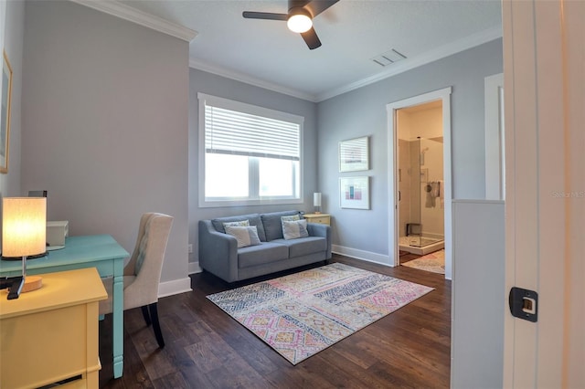 office with ornamental molding, dark wood-style flooring, visible vents, and baseboards