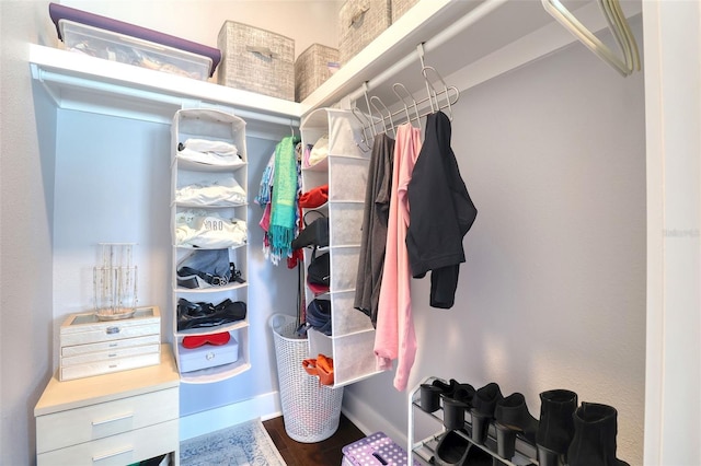 walk in closet with wood finished floors