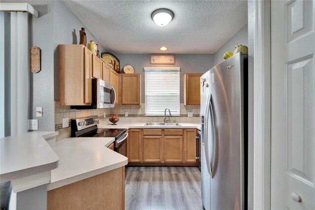 kitchen featuring stainless steel appliances, a peninsula, a sink, and decorative backsplash