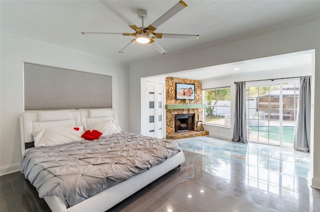 bedroom with crown molding, access to outside, baseboards, and ceiling fan