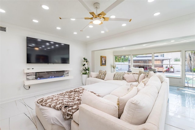 living area featuring baseboards, a ceiling fan, marble finish floor, and crown molding