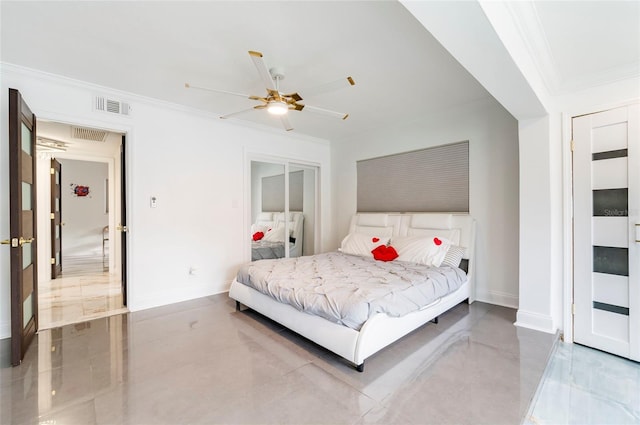 bedroom with visible vents, baseboards, a ceiling fan, and crown molding