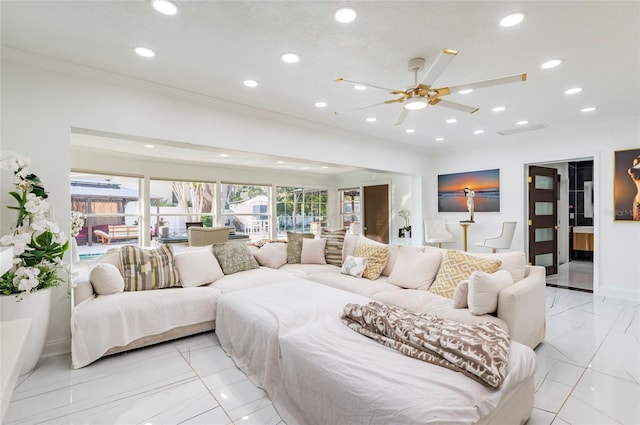 bedroom with recessed lighting, baseboards, and ornamental molding