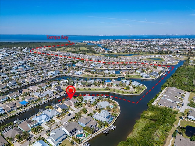 5616 Seagrass Pl, Apollo Beach, FL 33572 - bird's eye view featuring a water view and a residential view