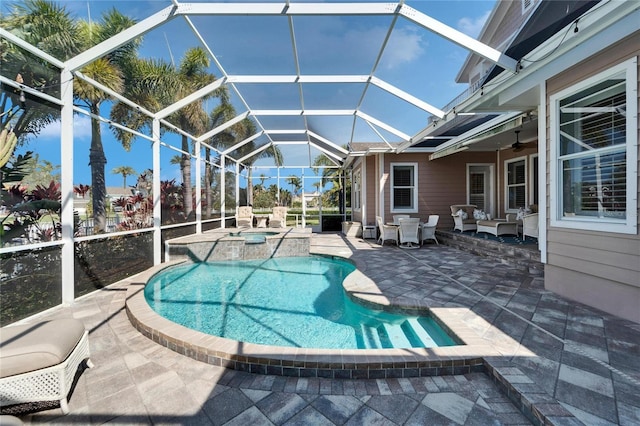 5616 Seagrass Pl, Apollo Beach, FL 33572 - view of swimming pool featuring a patio area, a lanai, an outdoor living space, and a ceiling fan