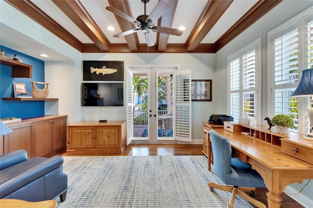5616 Seagrass Pl, Apollo Beach, FL 33572 - home office with a ceiling fan, beamed ceiling, french doors, light wood-style floors, and recessed lighting