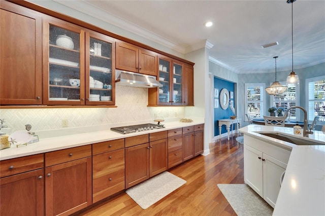 5616 Seagrass Pl, Apollo Beach, FL 33572 - kitchen with under cabinet range hood, stainless steel gas stovetop, light countertops, and a sink