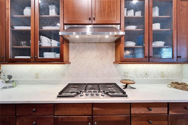 5616 Seagrass Pl, Apollo Beach, FL 33572 - kitchen with glass insert cabinets, tasteful backsplash, stainless steel gas stovetop, and exhaust hood