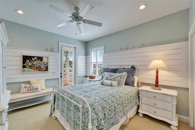 5616 Seagrass Pl, Apollo Beach, FL 33572 - bedroom with light carpet, access to outside, a ceiling fan, and recessed lighting
