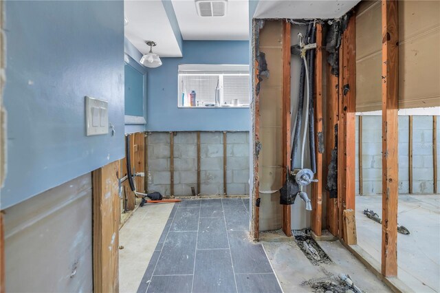 basement with concrete block wall and visible vents