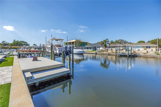 view of dock with a water view and boat lift