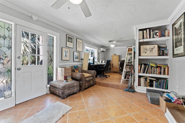 tiled office space with a textured ceiling, a wall mounted AC, a ceiling fan, and ornamental molding