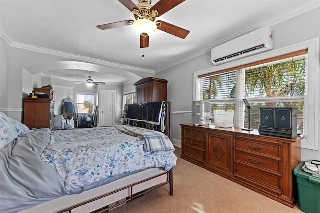 bedroom featuring a wall mounted air conditioner, arched walkways, light colored carpet, and ornamental molding